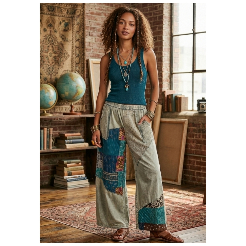 POL Wide Leg Patchwork Pants in Teal and Olive - Picture 8 of 8